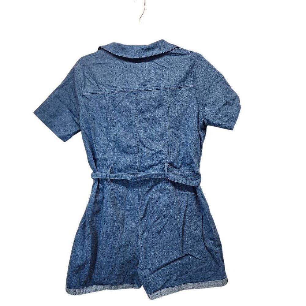 Women's Denim Jumpsuit V Neck Zip Up Short Sleeve Belted Jeans Romper XL - Picture 3 of 8